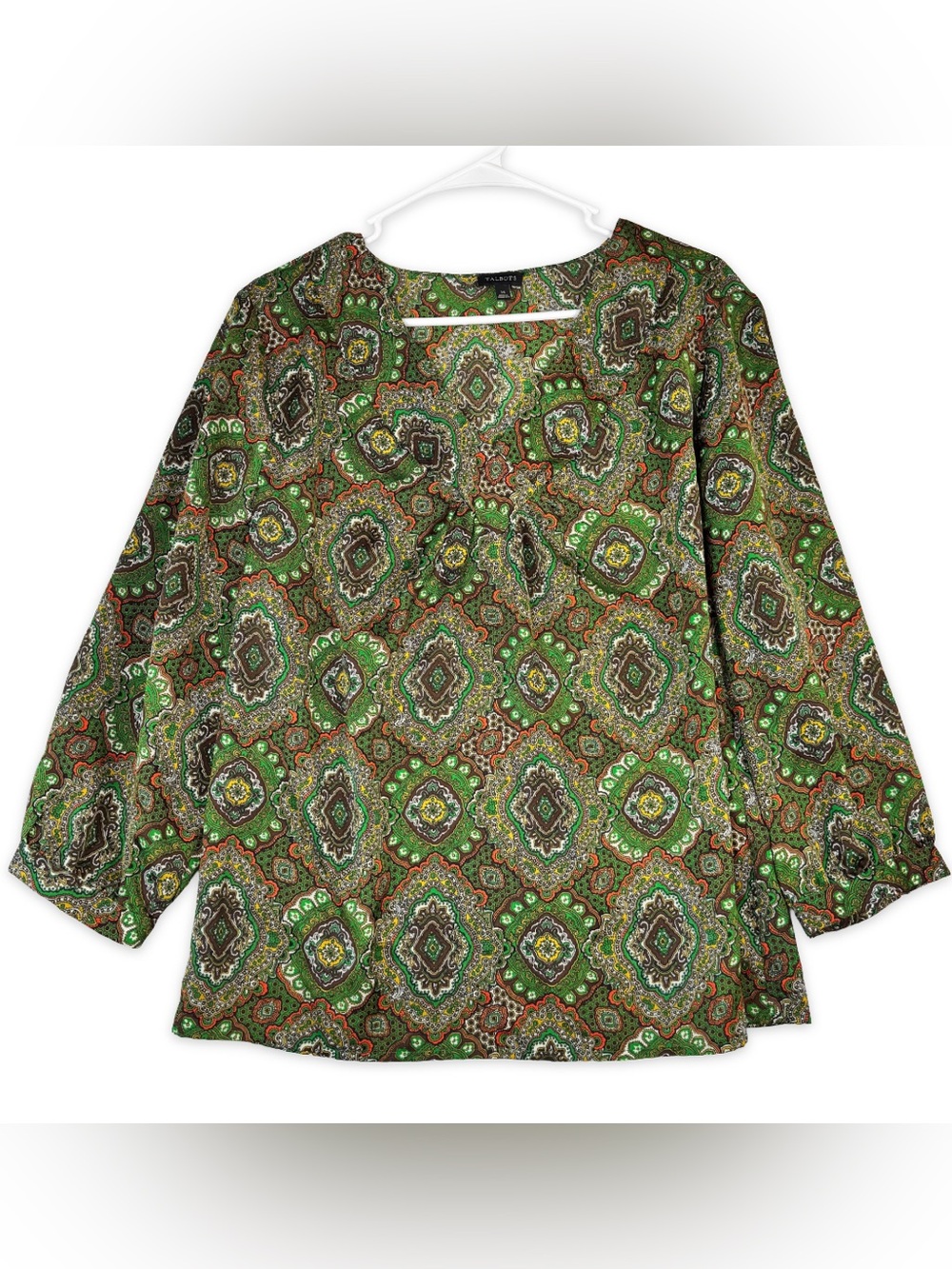 Talbots Womens Green Paisley Medallion V-Neck 3/4‎ Sleeve Blouse Top Size 14